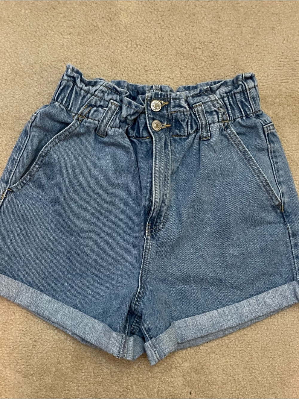 Forever 21 High-Waist Paperbag Denim Shorts - Blue
